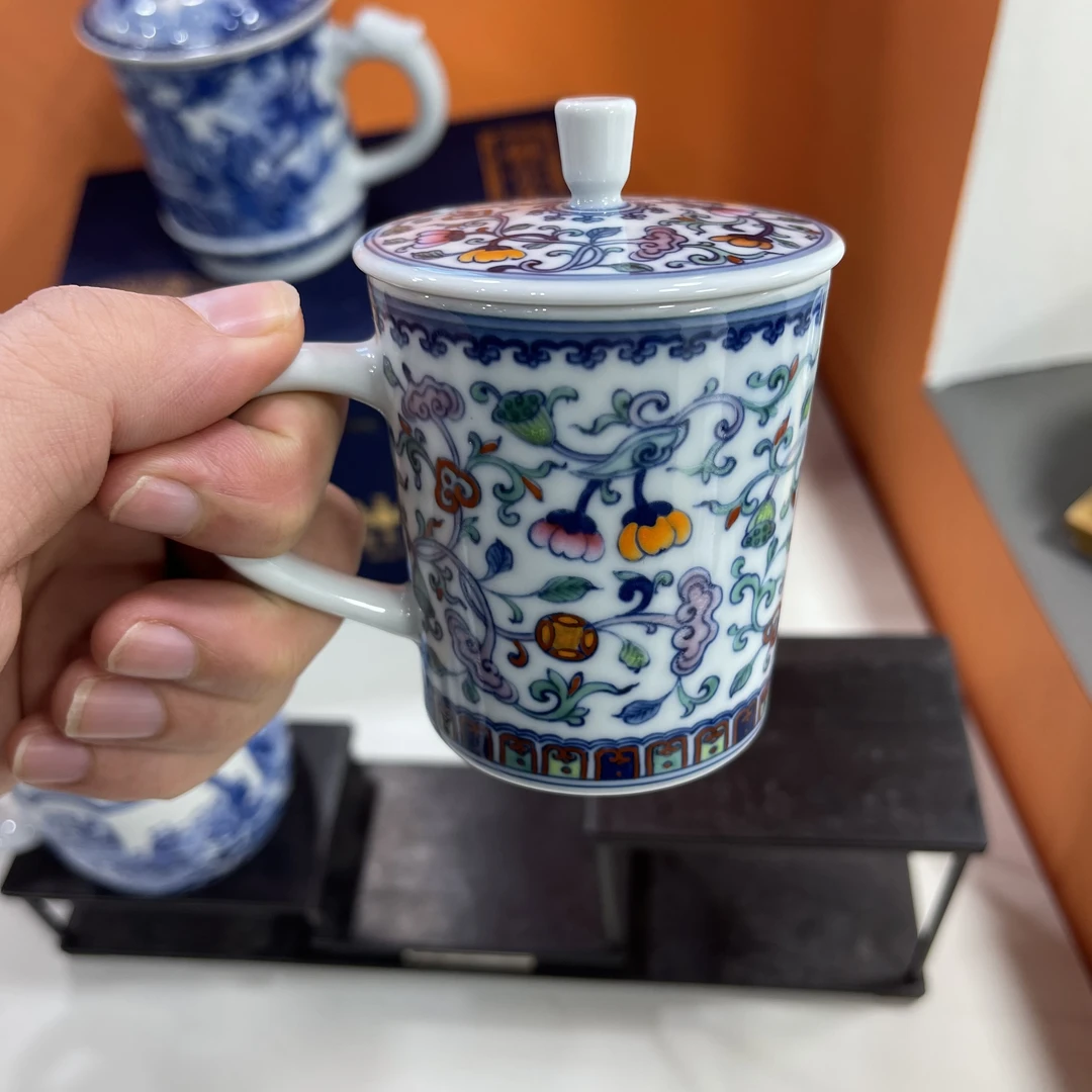 钟家窑 柴窑 纯手绘 斗彩缠枝莲花卉办公杯