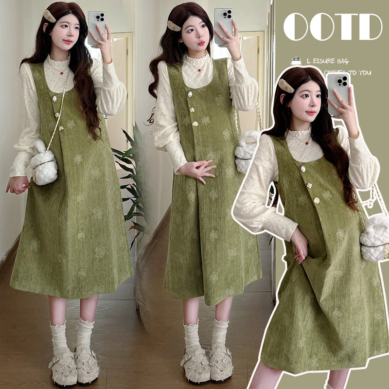 孕妇套装2025秋冬新款时尚复古休闲背带连衣裙蕾丝上衣孕妇两件套