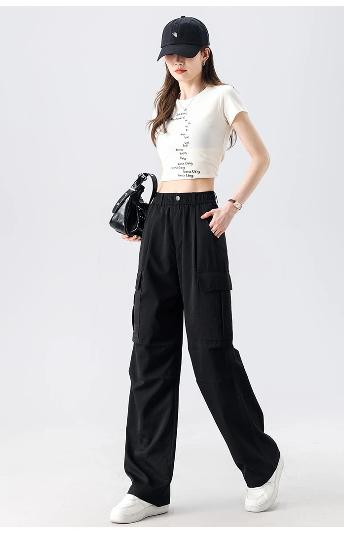 酷飒风小个子超火直筒阔腿裤子夏季薄款2025新款美式黑色系衣服