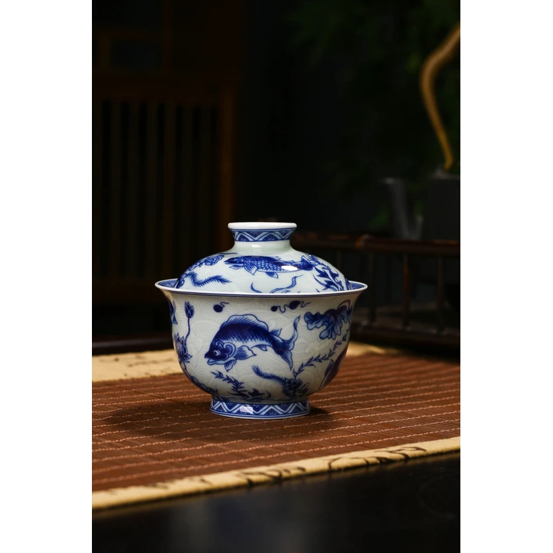 七丞堂釉下彩高温瓷青花鱼藻纹盖碗景德镇茶具手工功夫茶泡茶碗