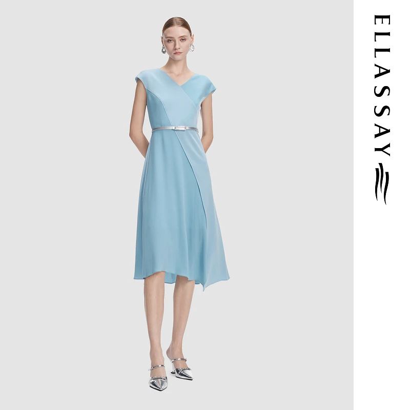 ELLASSAY歌力思夏季新款V领收腰轻礼服连衣裙女EWF355Y19400