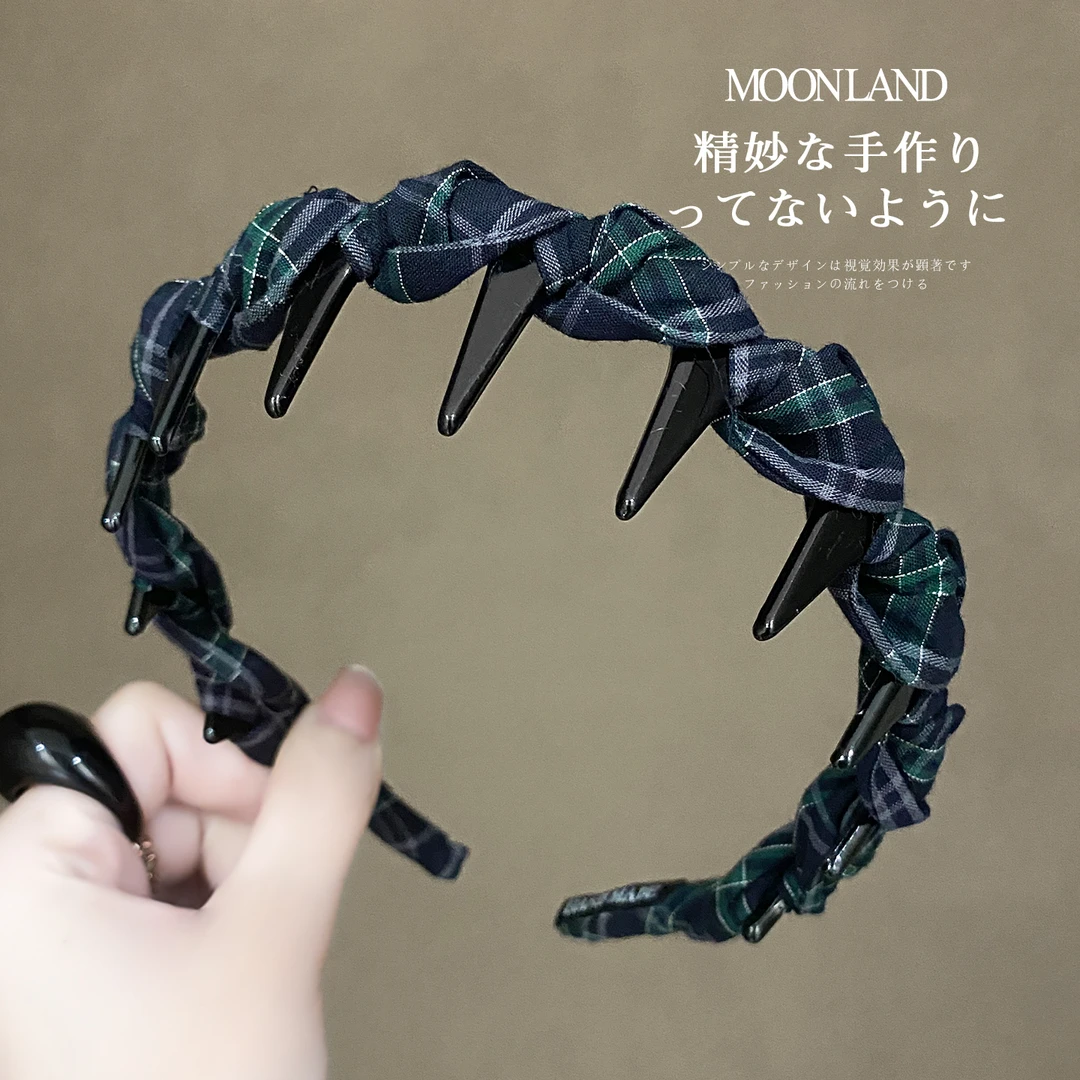 复古布艺格纹长齿发箍女高级感洋气时尚发卡日常外戴防滑洗脸头箍