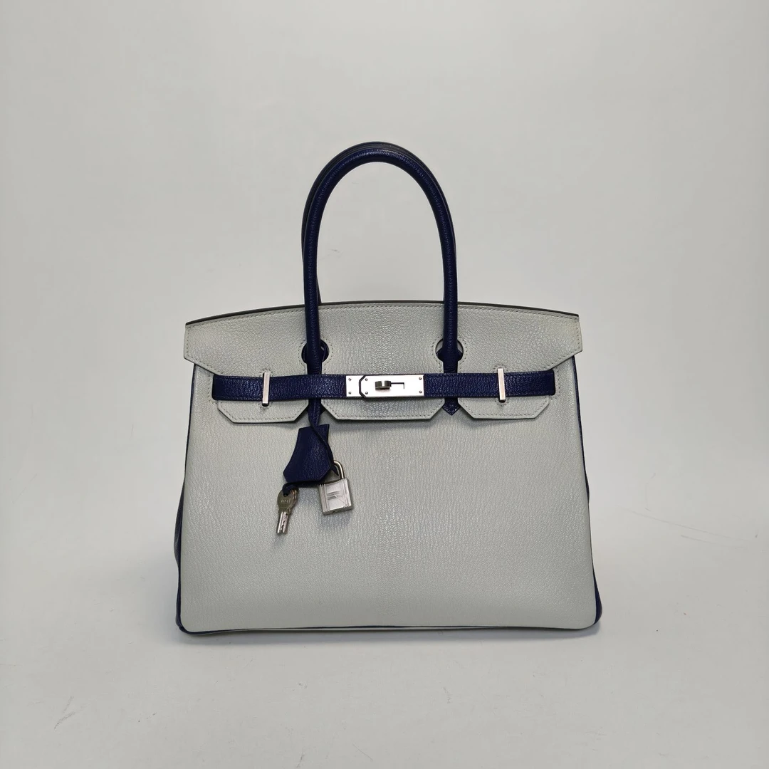 95新 Hermes/爱马仕 【花花】Birkin30 珍珠灰拼宝石蓝 山羊皮B刻