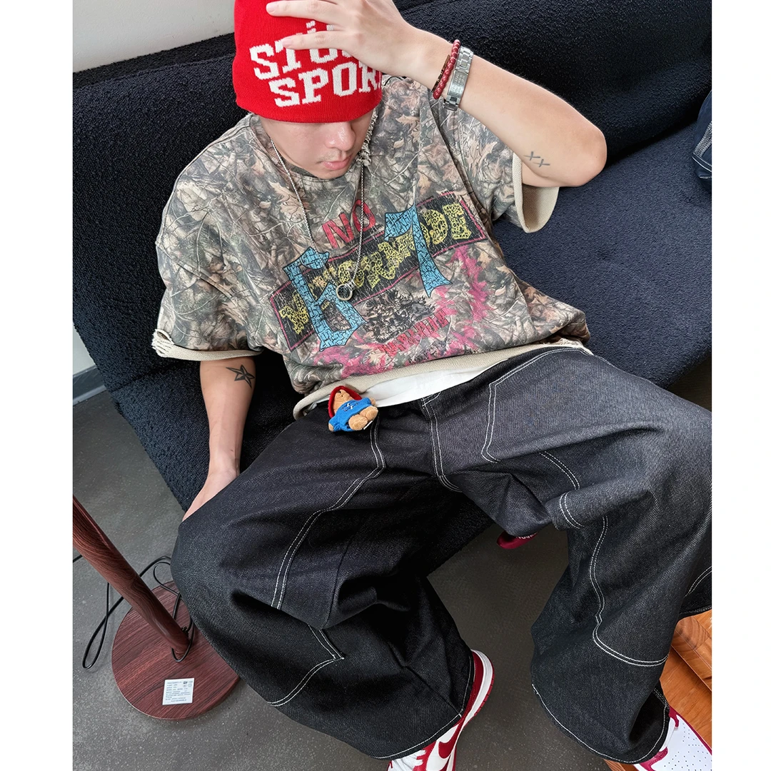 A【树枝迷彩】棉感重磅洗旧圆领短袖T恤美式休闲街头印花男女半袖