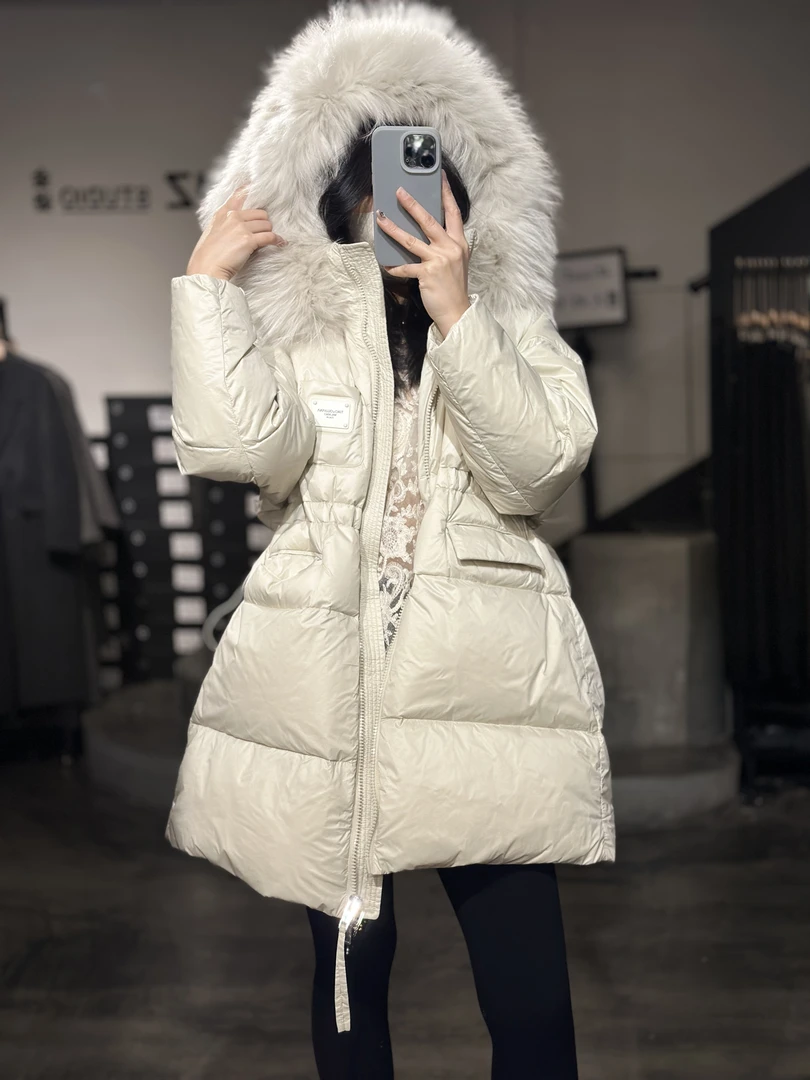 高端实体大码女装连帽抽绳女中长款收腰保暖外套