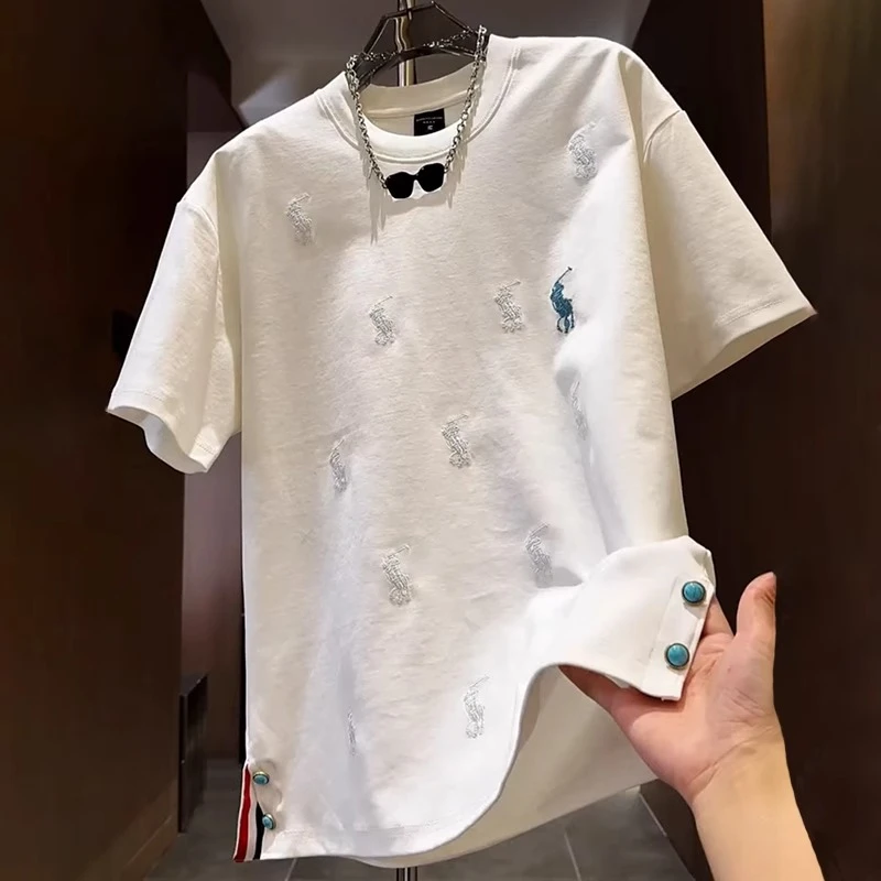 300斤加大码重工刺绣宽松短袖T恤夏季男女单排扣独特设计感上衣潮