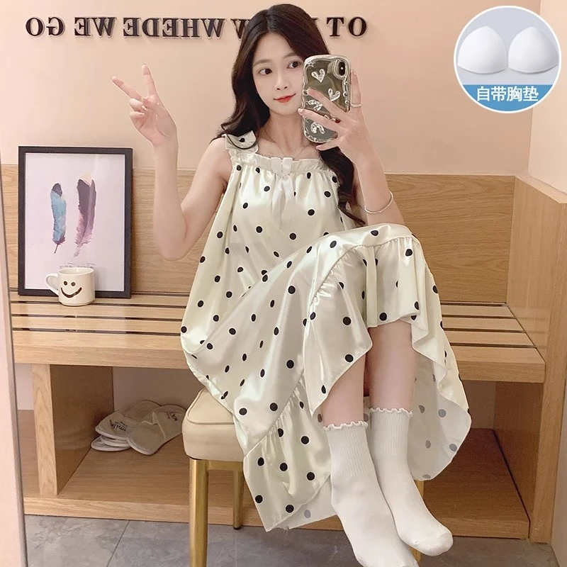 睡裙女夏季冰丝吊带宽松带胸垫防凸点少女可外穿中长款甜美家居服