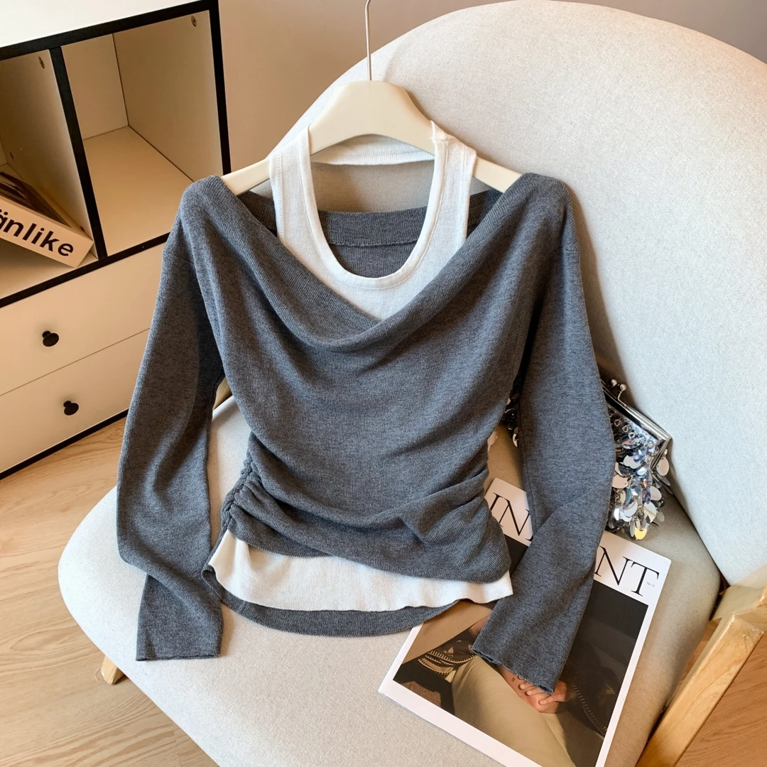 纯欲撞色假两件露肩长袖T恤女秋季新款休闲风一字肩荡领针织衫