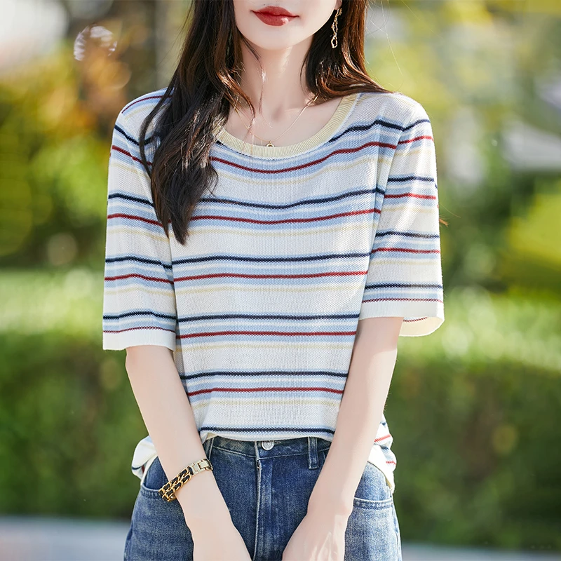 夏季100%天丝短袖女薄款彩色条纹圆领宽松显瘦套头半袖背心NS5105