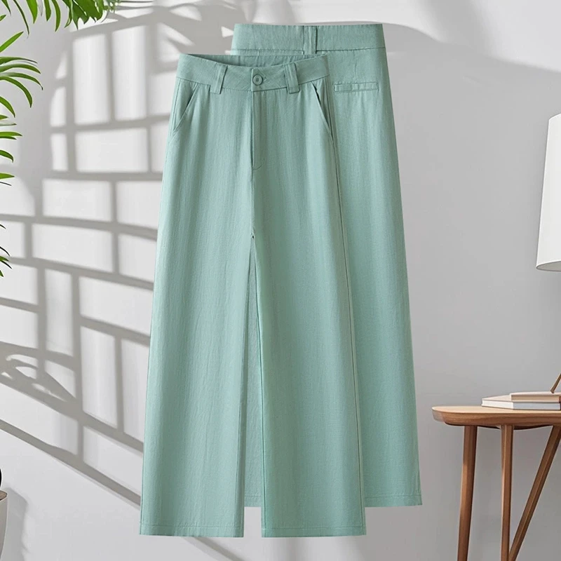 垂感宽松舒适天丝亚麻休闲阔腿裤夏季2025新款高腰修身九分直筒裤