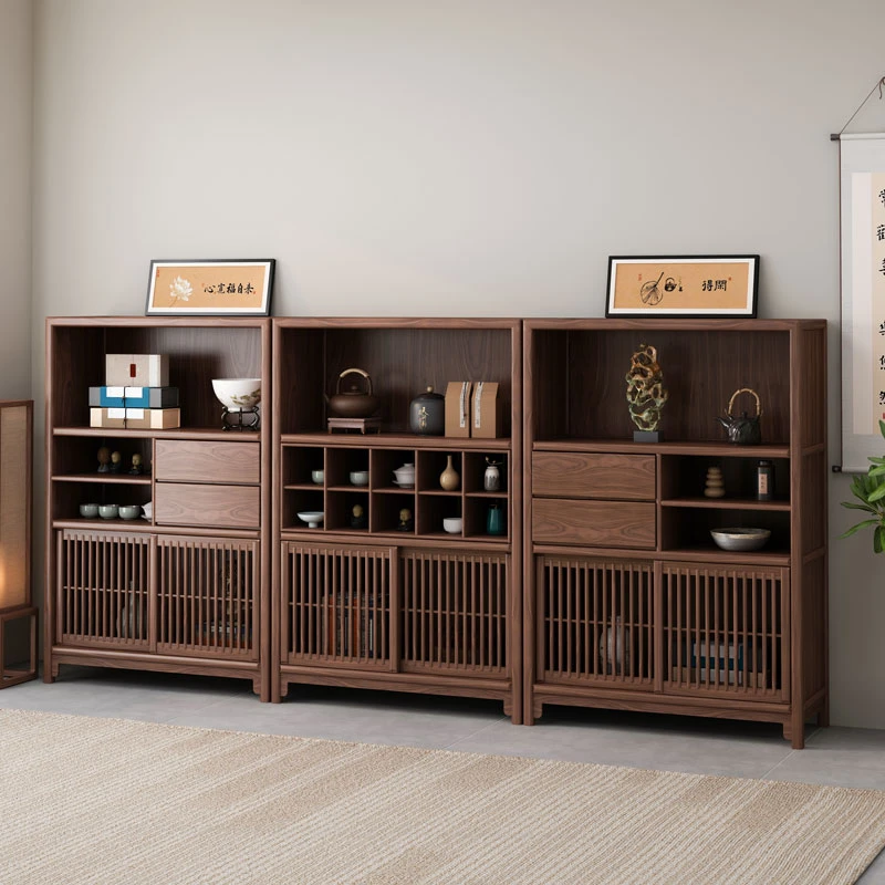 新中式多宝阁茶室收纳柜客厅酒格柜桌边柜置物架老榆木实木博古架