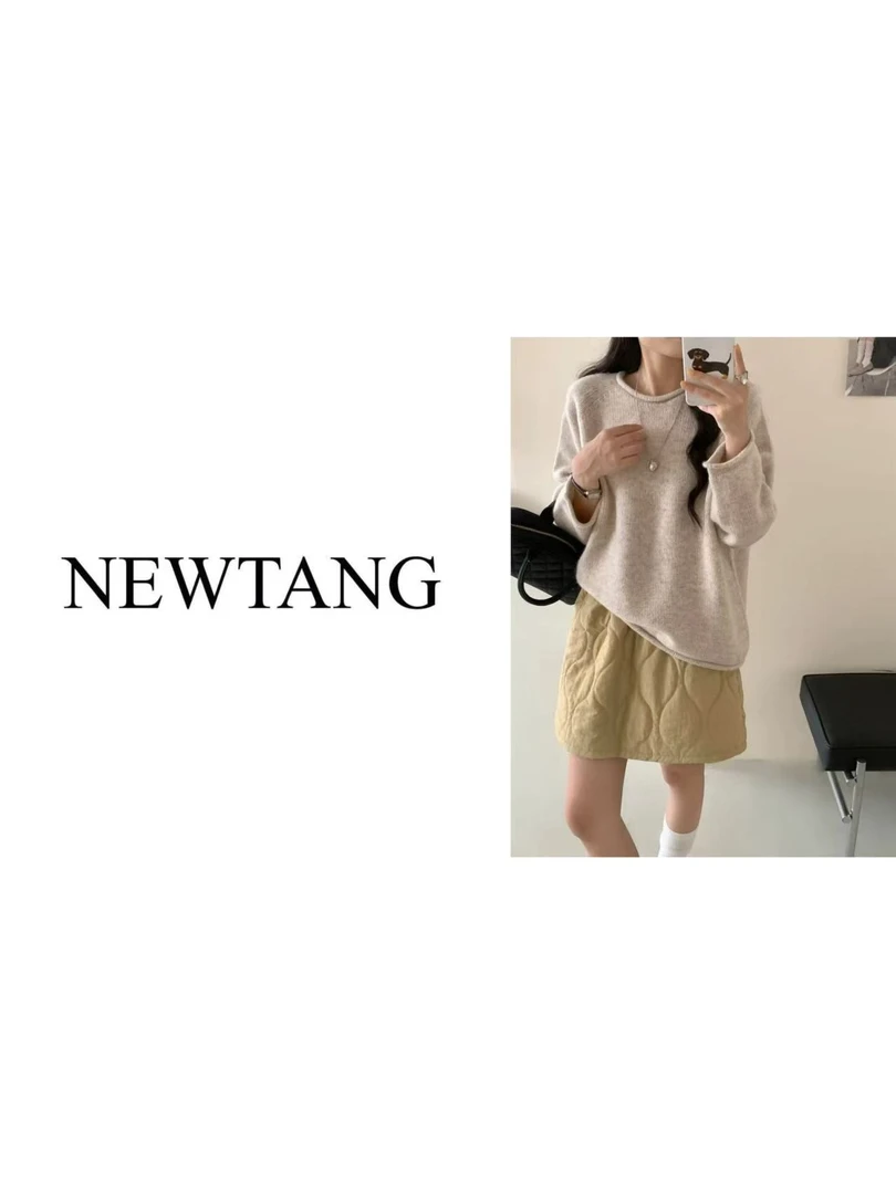 【卷领】382时尚针织衫女圆领卷边宽松慵懒风 米