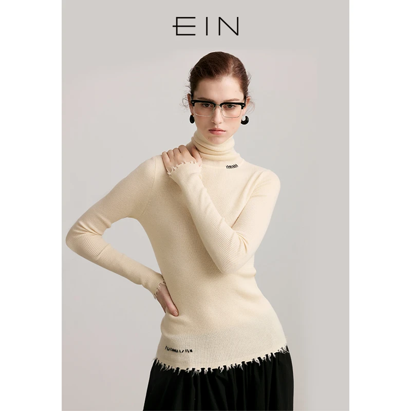 EIN/言舒芙蕾绵羊毛线迹高领做旧毛边套头针织打底衫2025早春新款