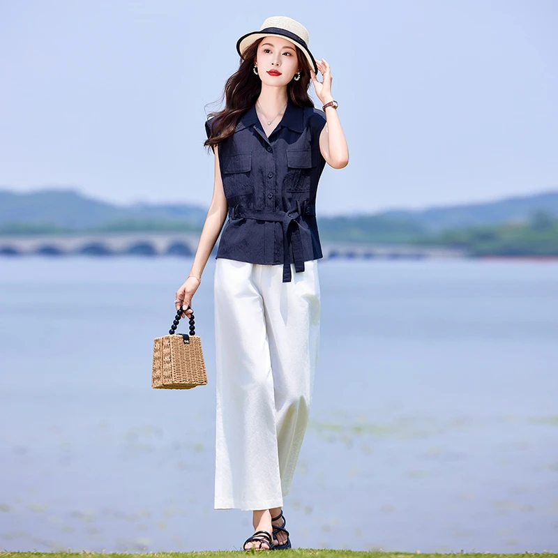 高级感时尚套装女气质无袖衬衫夏季新款收腰显瘦阔腿裤休闲两件套