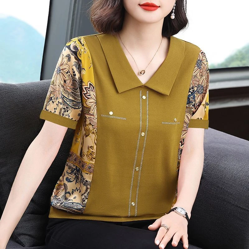 2025夏季新款翻领拼接小衫中老年女装薄短袖t恤中年妈妈上衣洋气