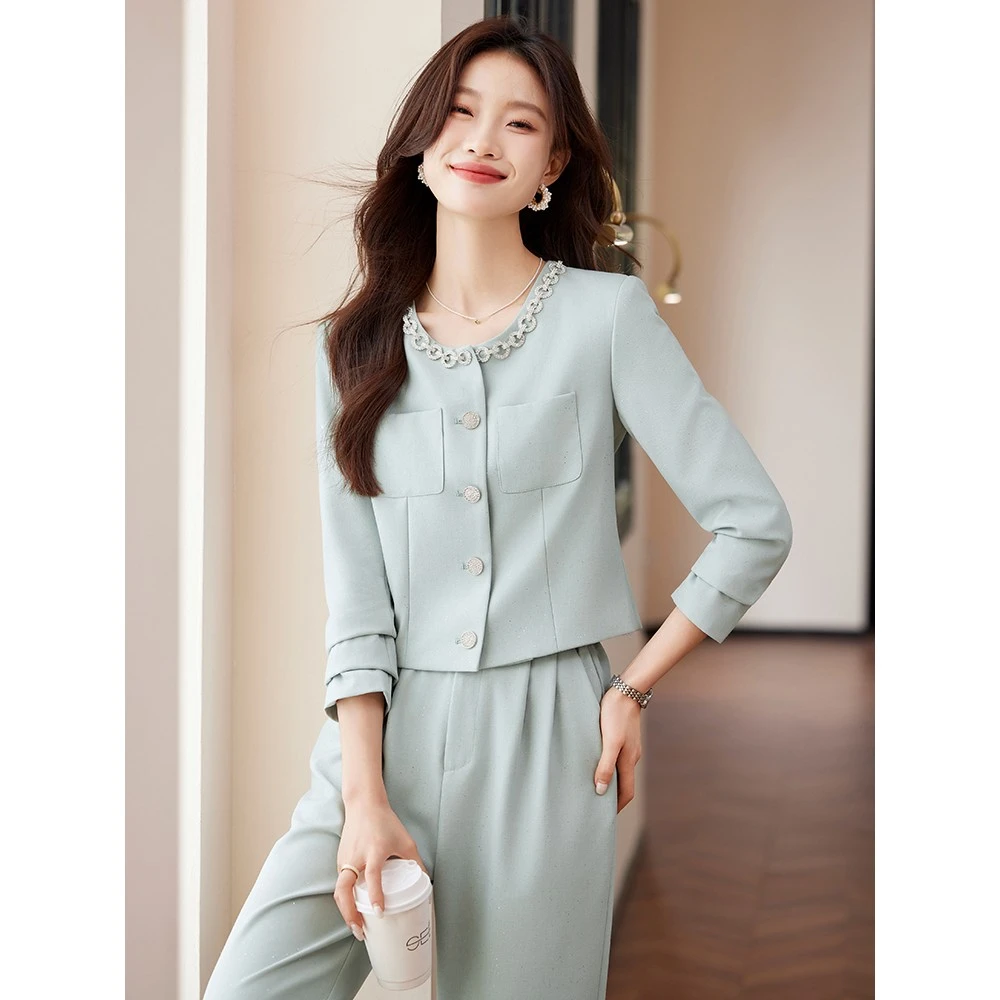 绿色小香风西装套装女2025新款春秋小个子气质名媛职业装西服春季