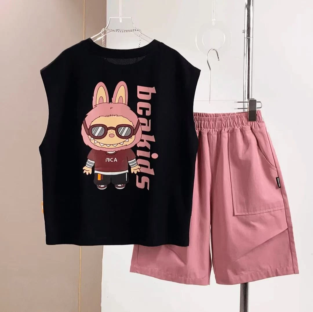 拉布布衣服男童夏装套装儿童夏季背心短裤洋气中大童卡通两件套潮