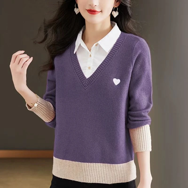 B15衬领拼接针织女士早春秋季新款毛衣