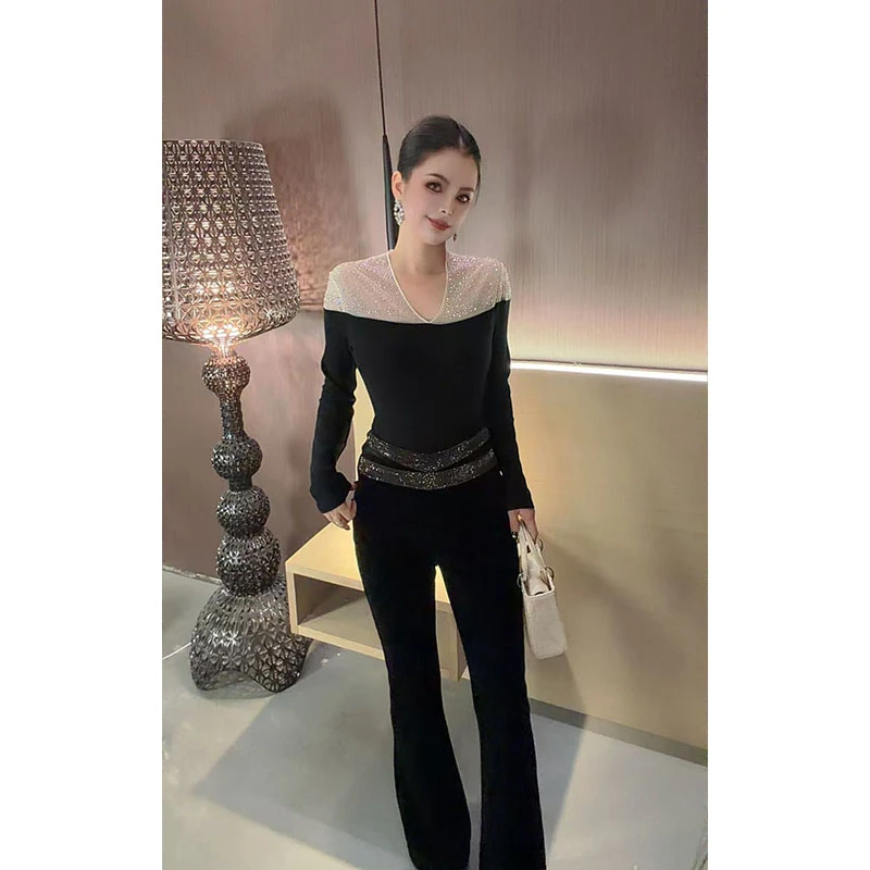 （加绒加厚）腰部烫钻丝绒喇叭裤K31334