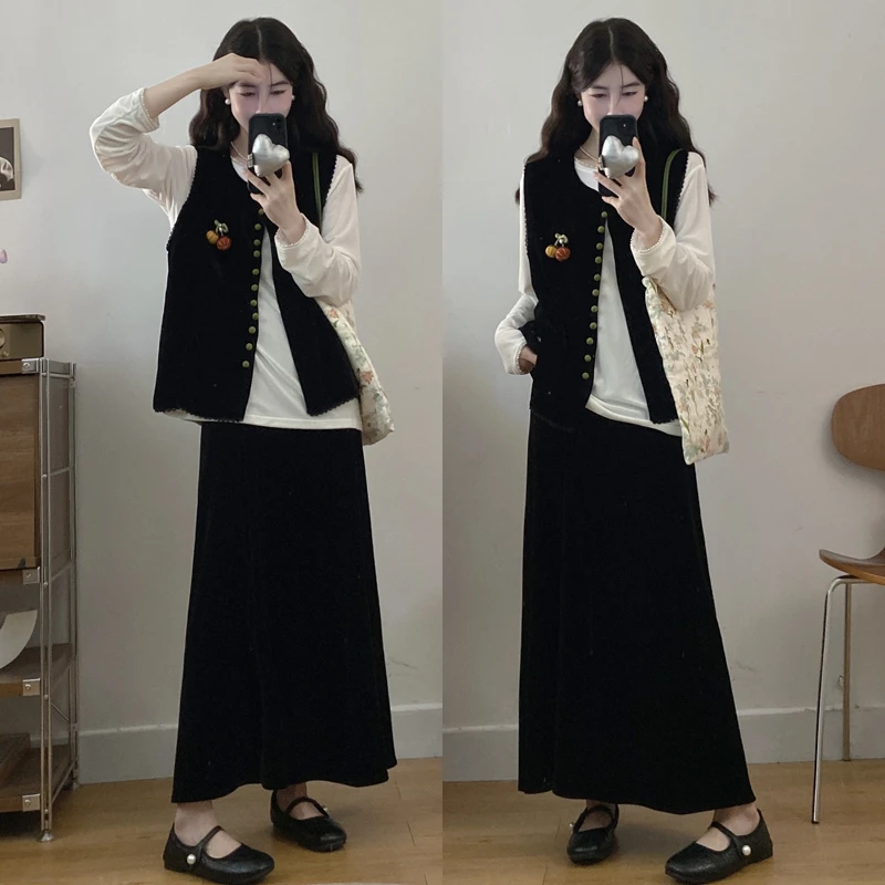 大码胖mm新中式国风黑色丝绒马甲女半身裙套装+打底衫三件套装女