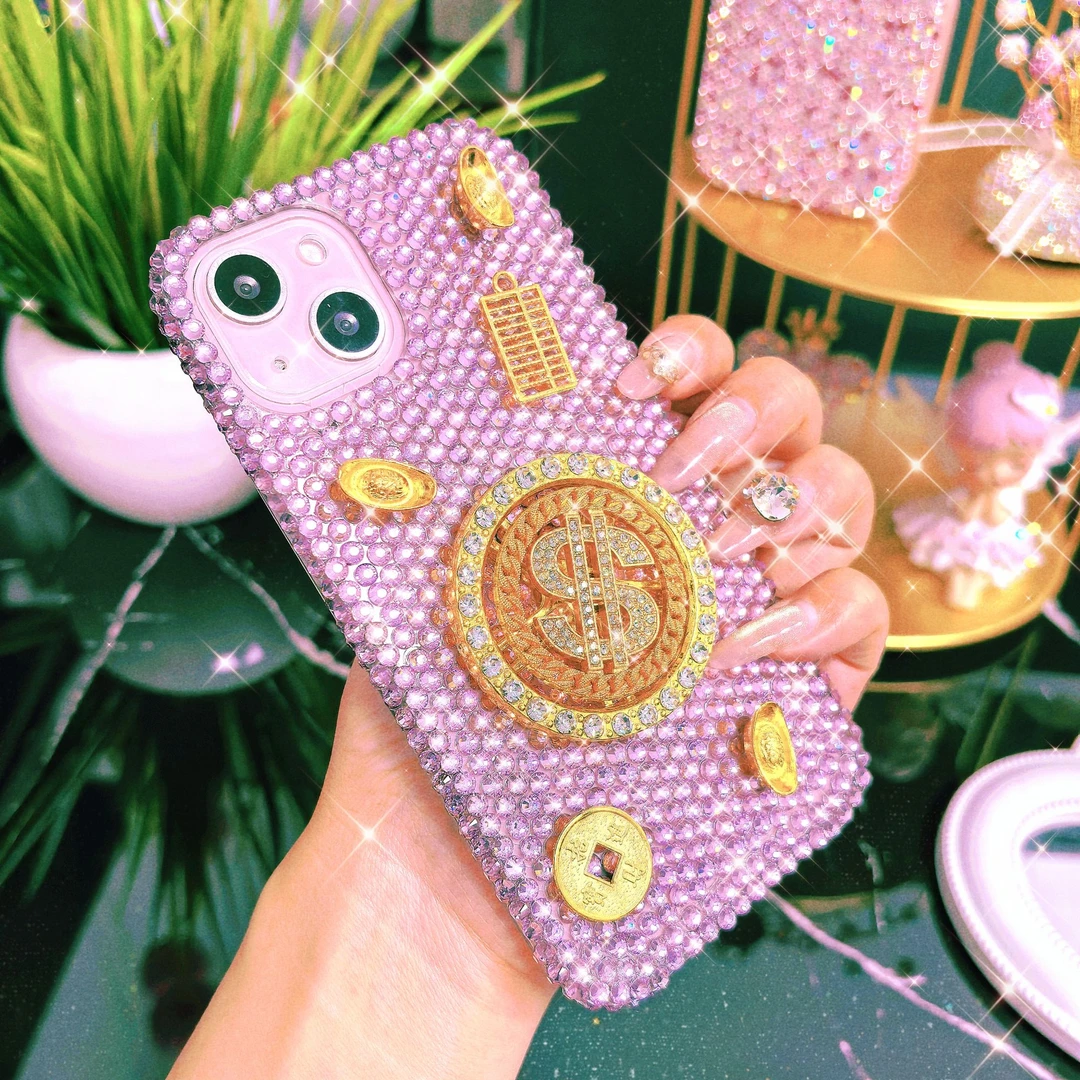 适用苹果/华为/OPPO/VIVO/小米手工DIY金钱转转镶满钻手机壳女