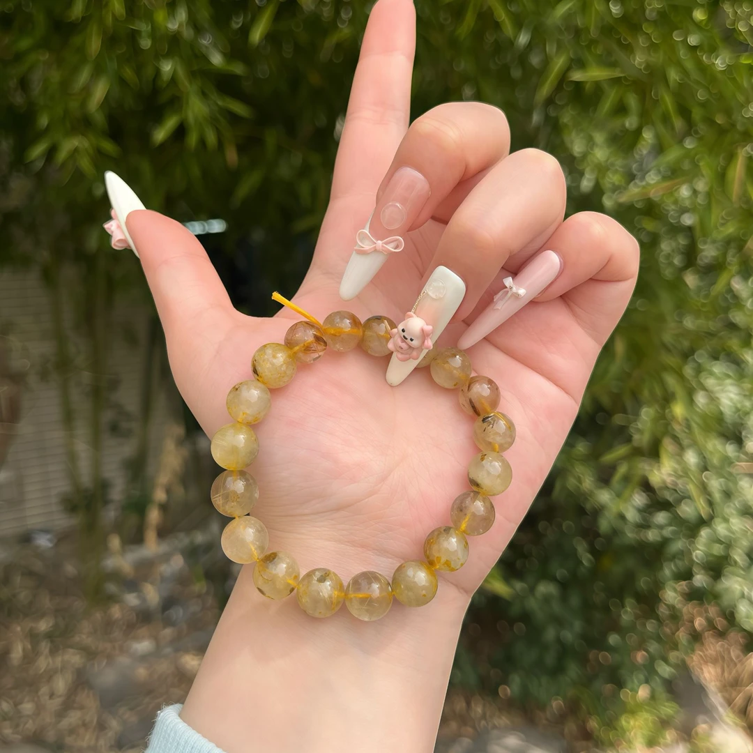 天然金发晶手链 男女款钛晶单圈圆珠手串黄发晶水晶饰品手链礼物