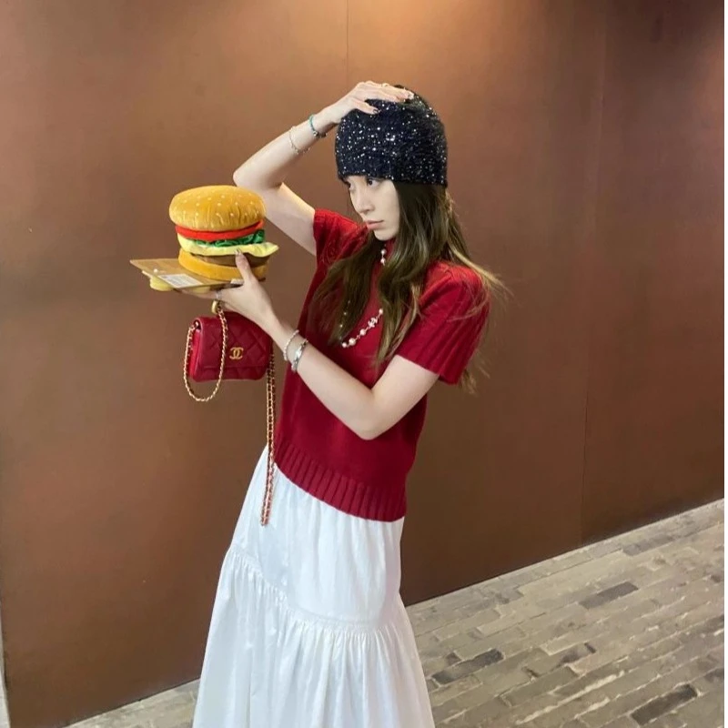 新年发财红2025年半高领针织短袖正肩女简约打底内搭短袖T恤女装