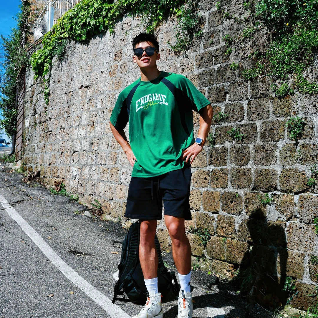 夏新复古款运动拼色插肩【采取行动】短袖速干跑步美式训练 t恤