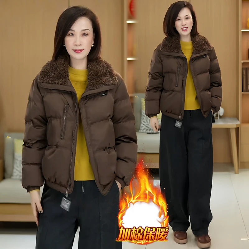 休闲百搭羽绒棉服女2025年冬季新款加厚保暖翻领遮肉显瘦棉衣外套