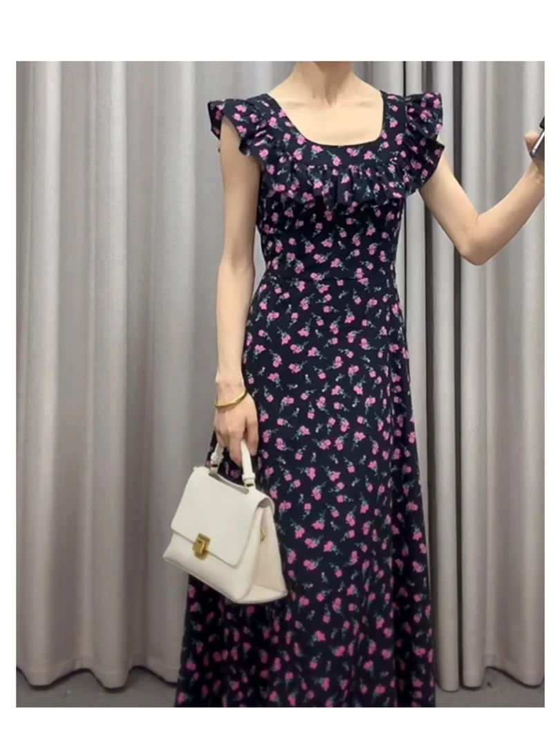 清言家2852连衣裙复古夏季气质无袖长裙短袖碎花显瘦