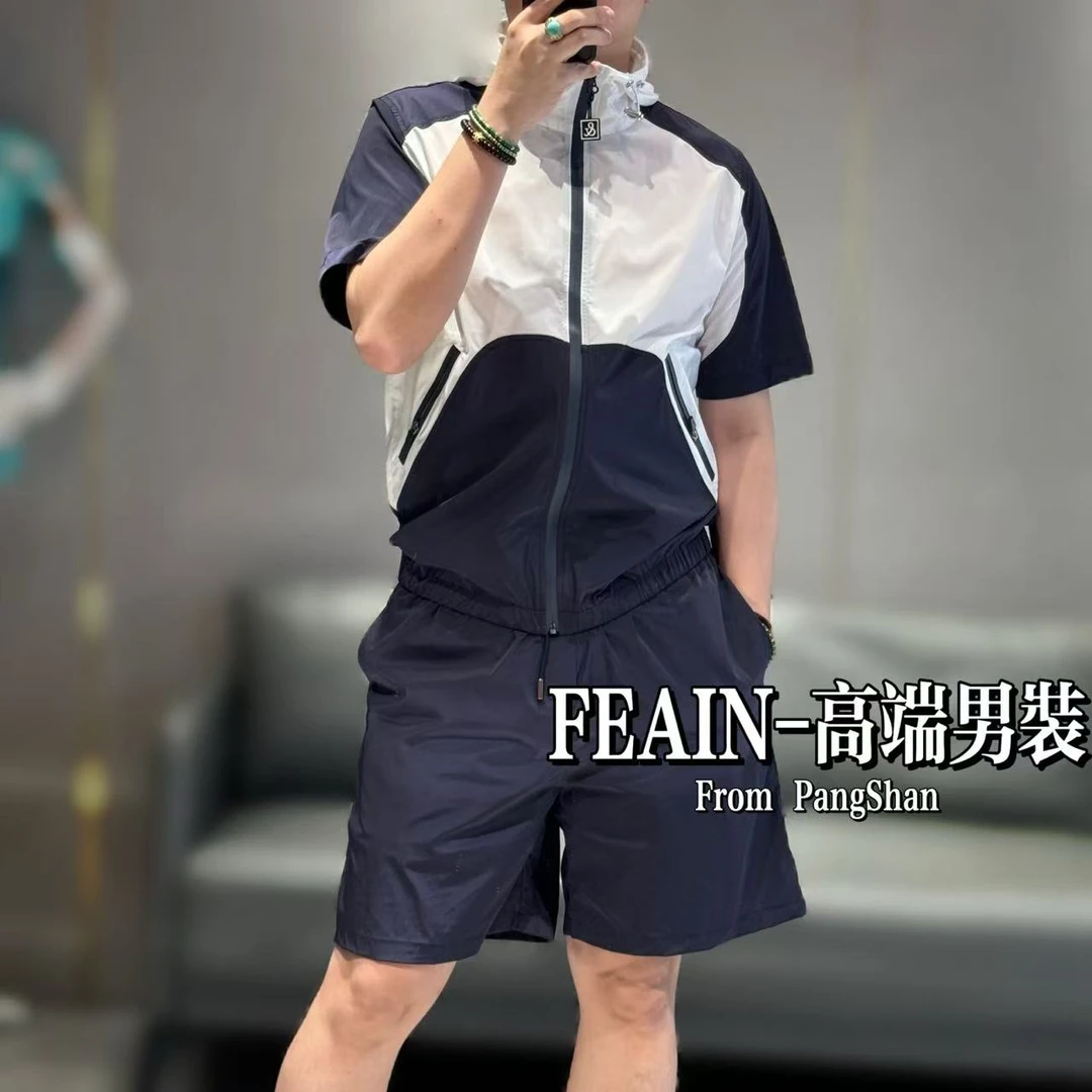 夏季高端定制男士拼色设计连帽清凉拉链短袖短裤2529