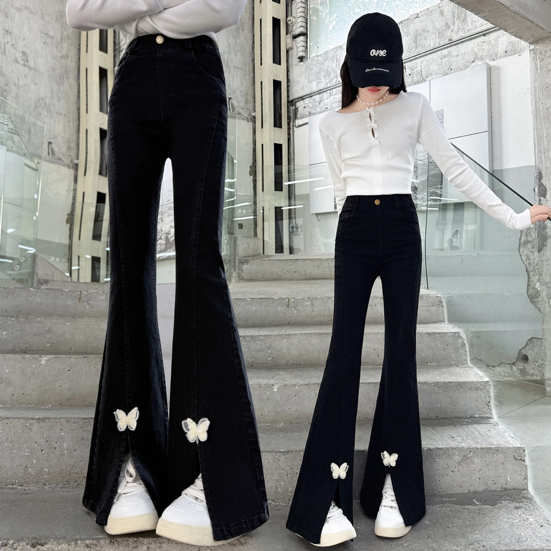 2025女童微喇牛仔裤6-12岁新款潮牌洋气款爆款喇叭裤大童黑色裤子