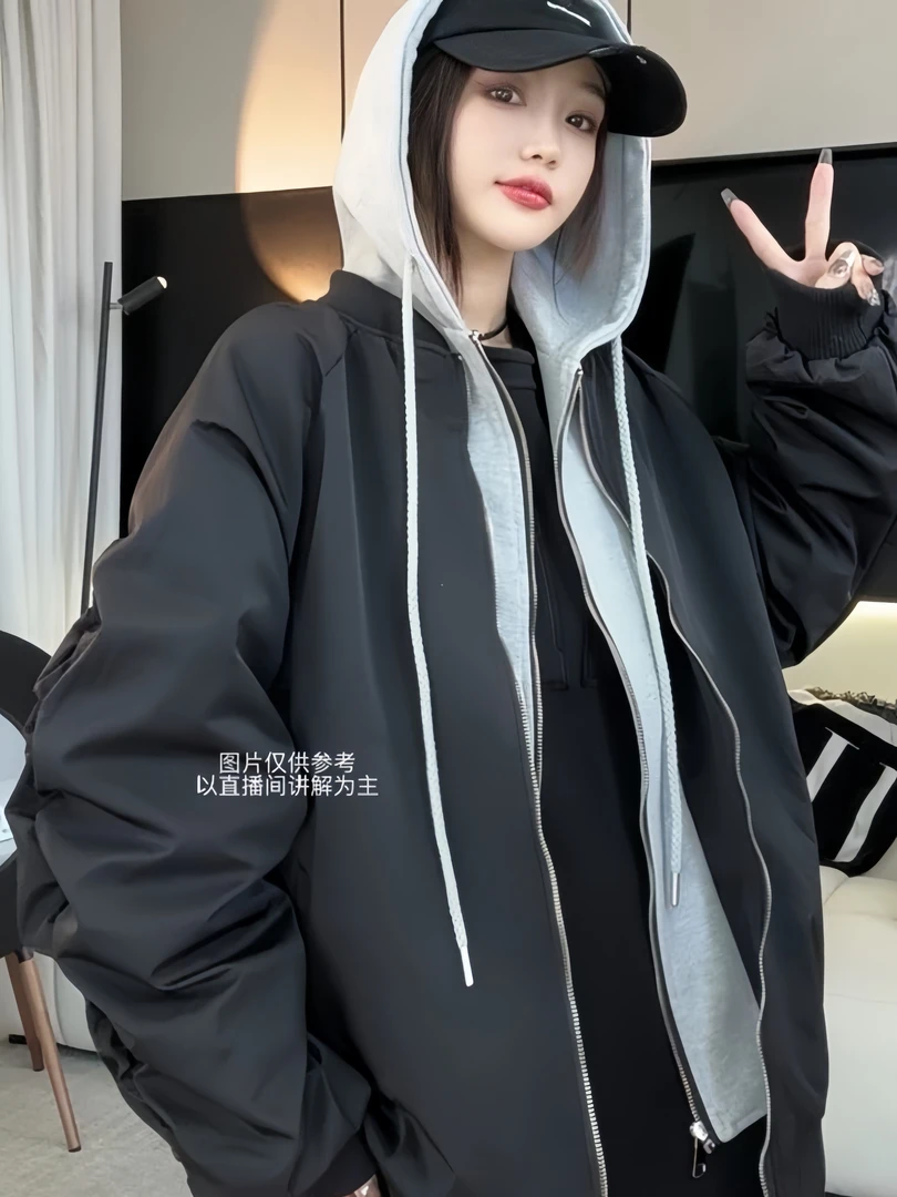 【桃小桃】秋季上新胖MM显瘦宽松韩版假两件连帽拼接棒球服休闲外套