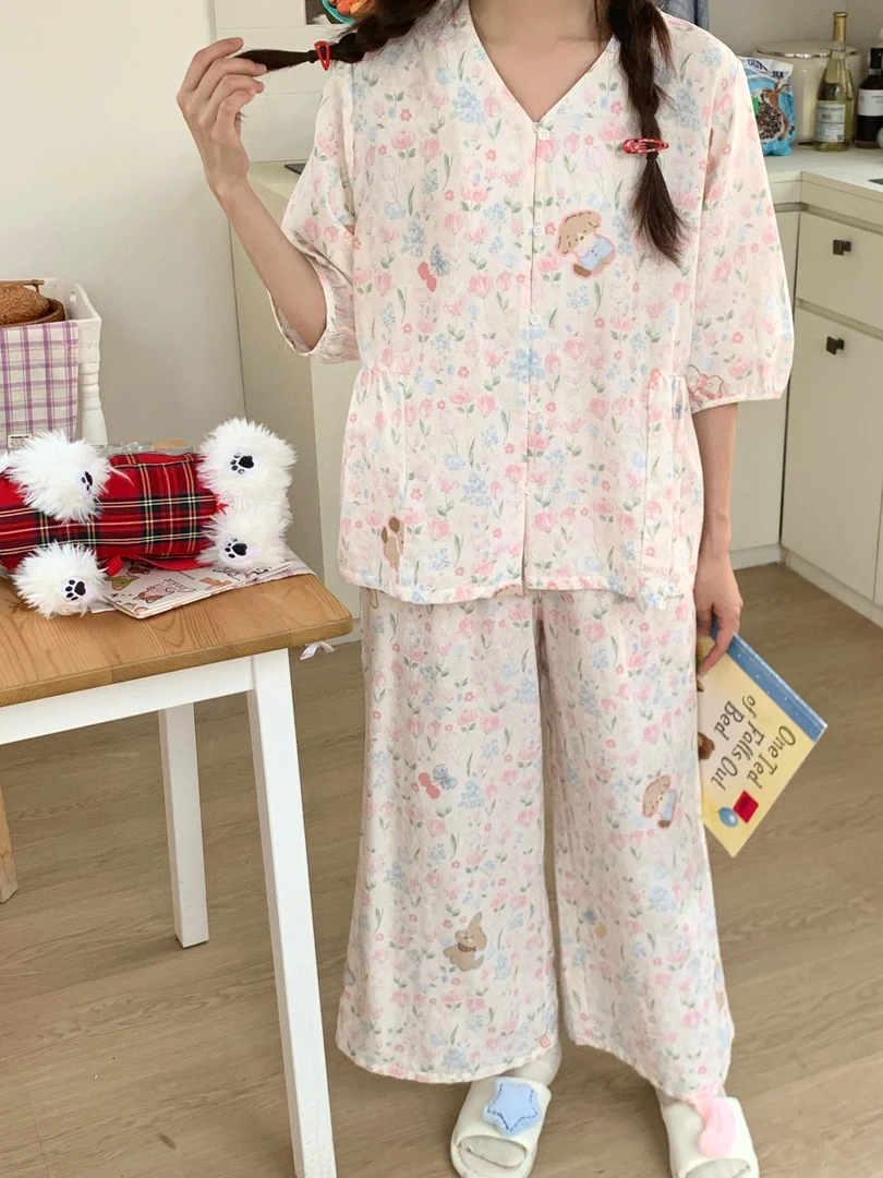 王姐专属-2025夏季新品韩系可爱V领宽松阔腿双层纱家居服