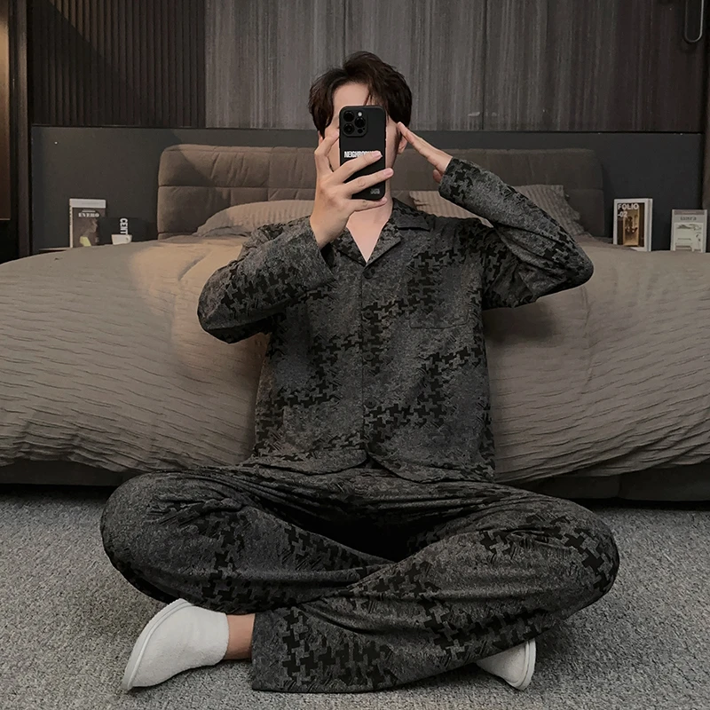 秋冬款男士睡衣春秋季长袖长裤锁温棉高级感千鸟格家居服休闲套装