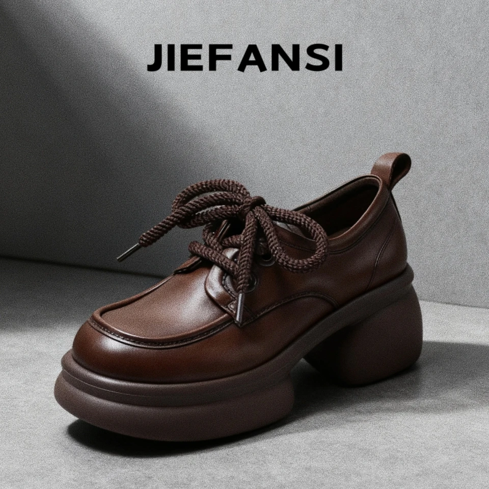 厚底单鞋女2025新款爆款小皮鞋真软皮系带英伦风增高配裙子的鞋子