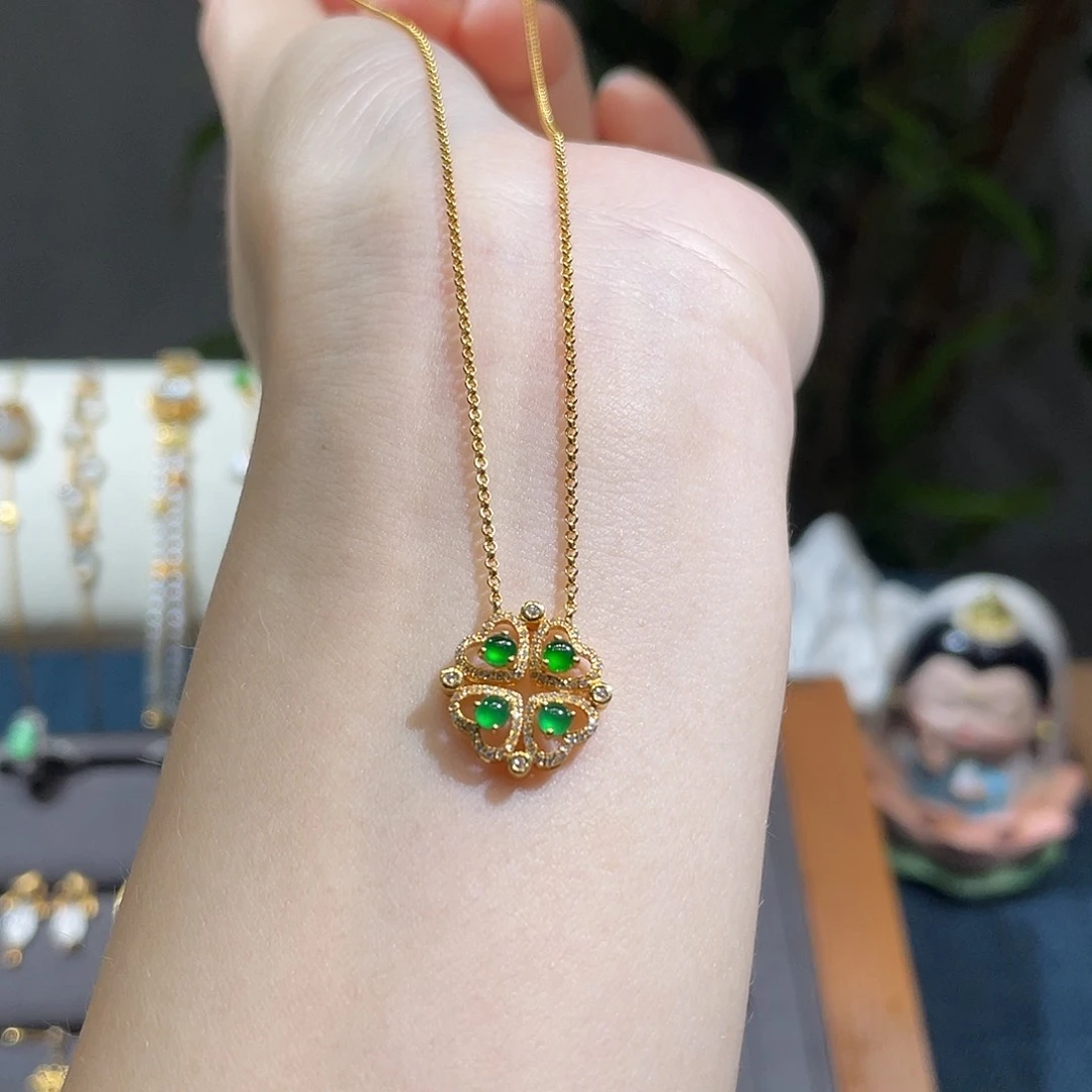 翡翠18K金镶嵌套链四叶草 2戴款