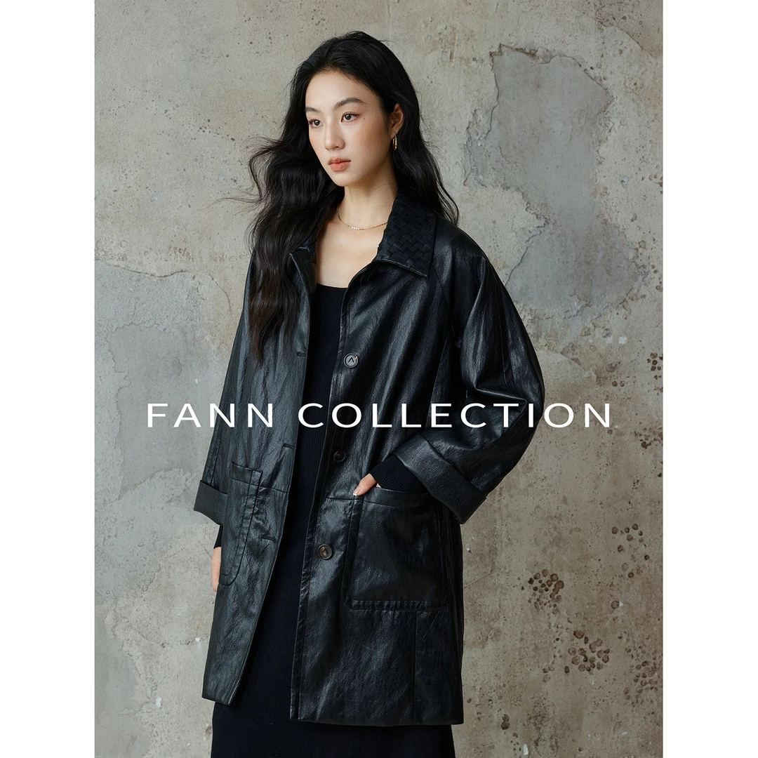 饭饭FANN COLLECTION0 黑松 简约褶皱肌理质感皮衣外套FANND068