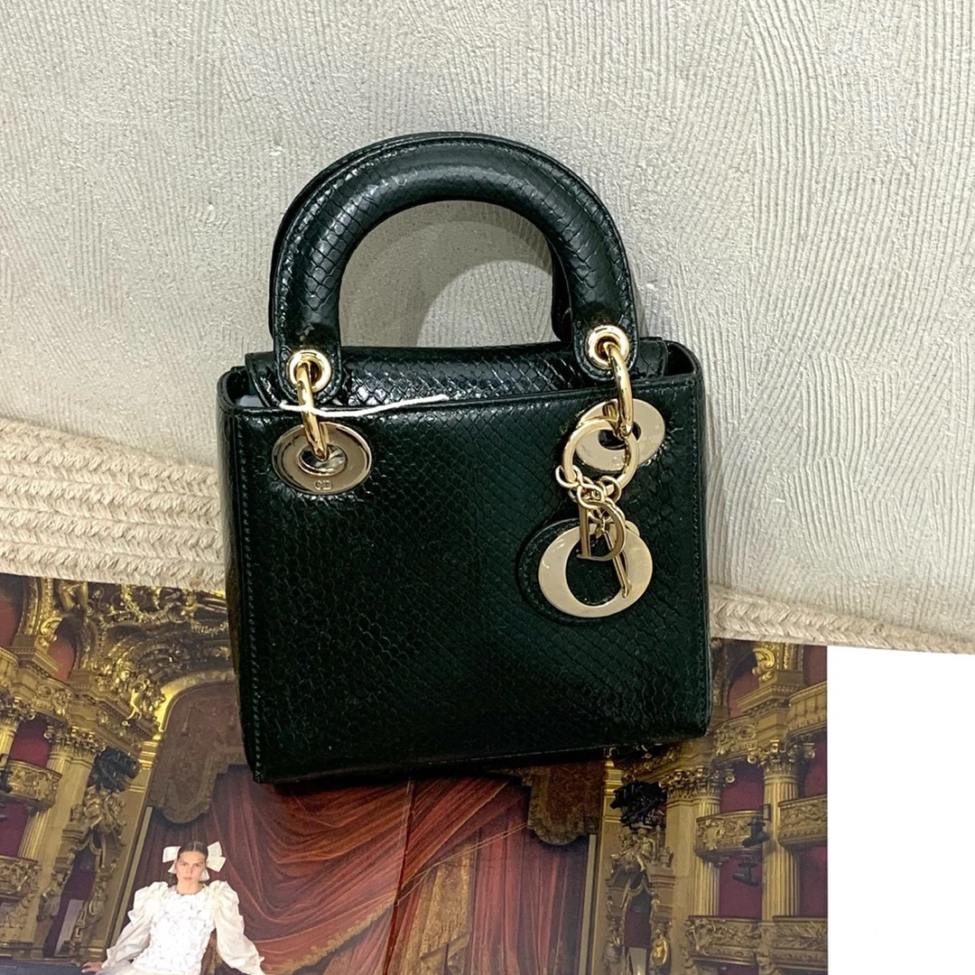 99新 DIOR/迪奥 墨绿色金扣蛇皮纹三格戴妃包 19年