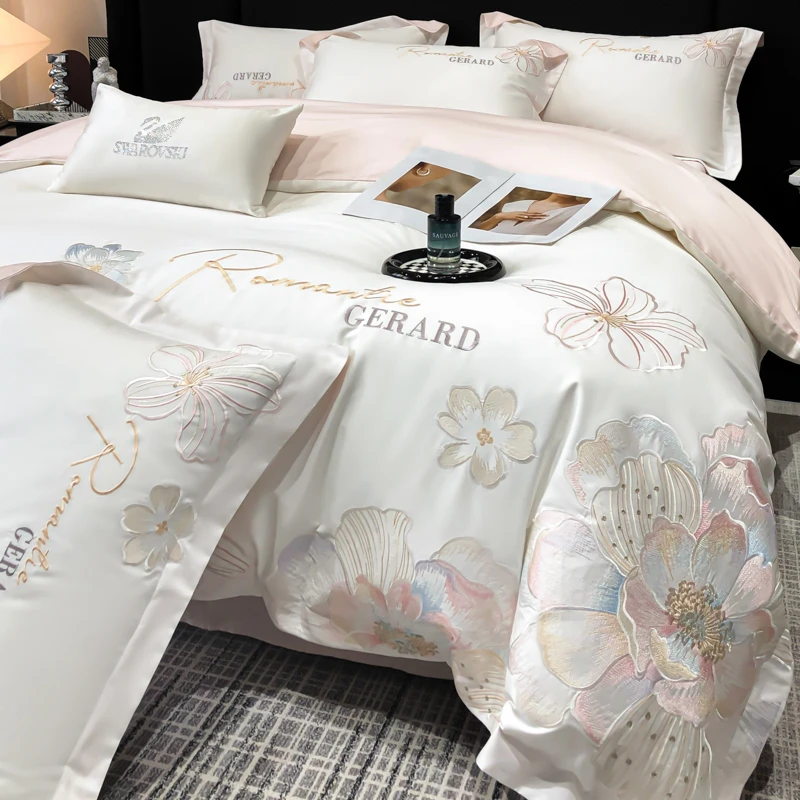 花漾-A类贡缎匹马长绒棉180s针织冰丝绣花四件套