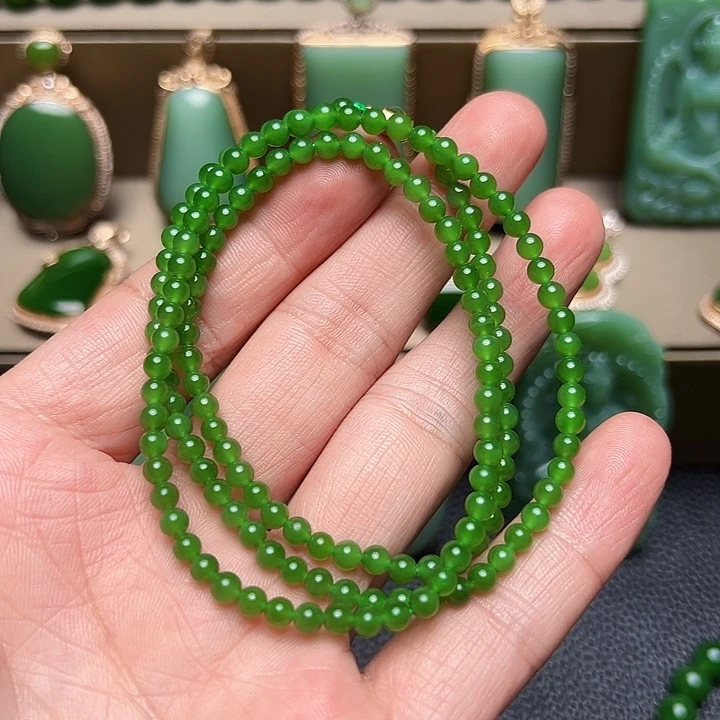 和田玉（碧玉）未镶嵌颈饰苹果绿项链4.5mm