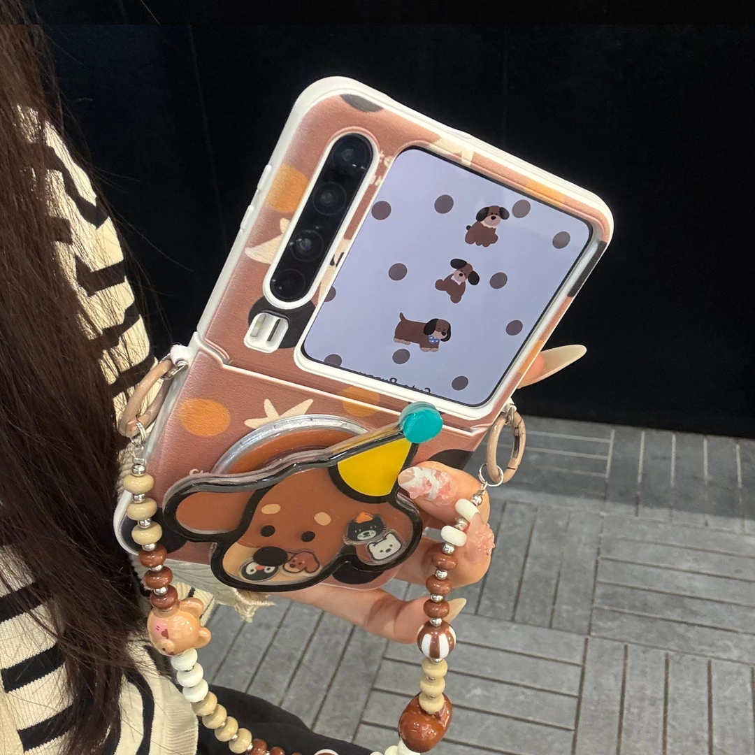 适用华为purax折叠屏手机壳棕色皮质pocket2礼帽小狗磁吸支架链条