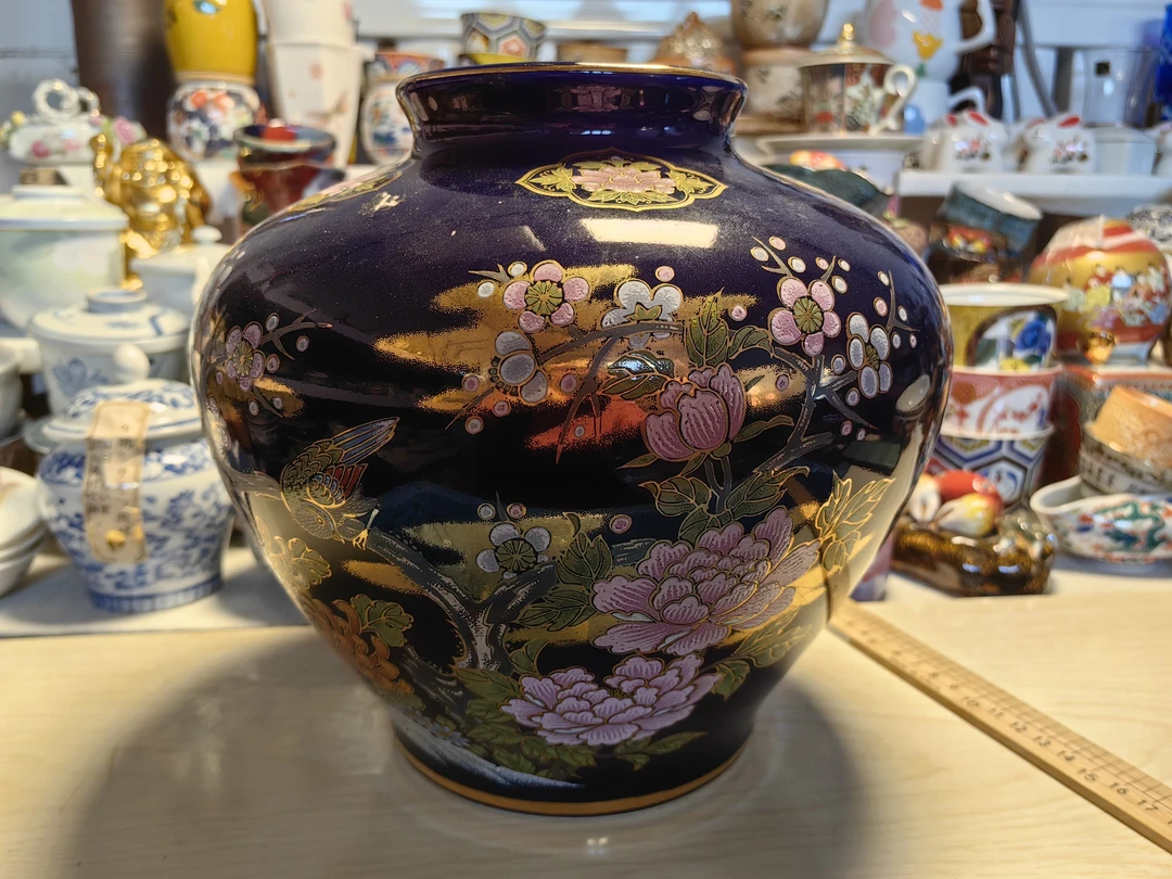 日本回流明陶窑帝王蓝大花瓶花器描金彩绘孔雀牡丹尺寸见图