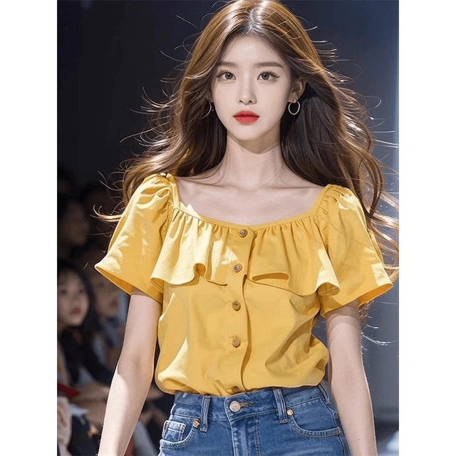 洋气别致超好看黄色荷叶边衬衫女2024夏季新款小个子独特漂亮小衫