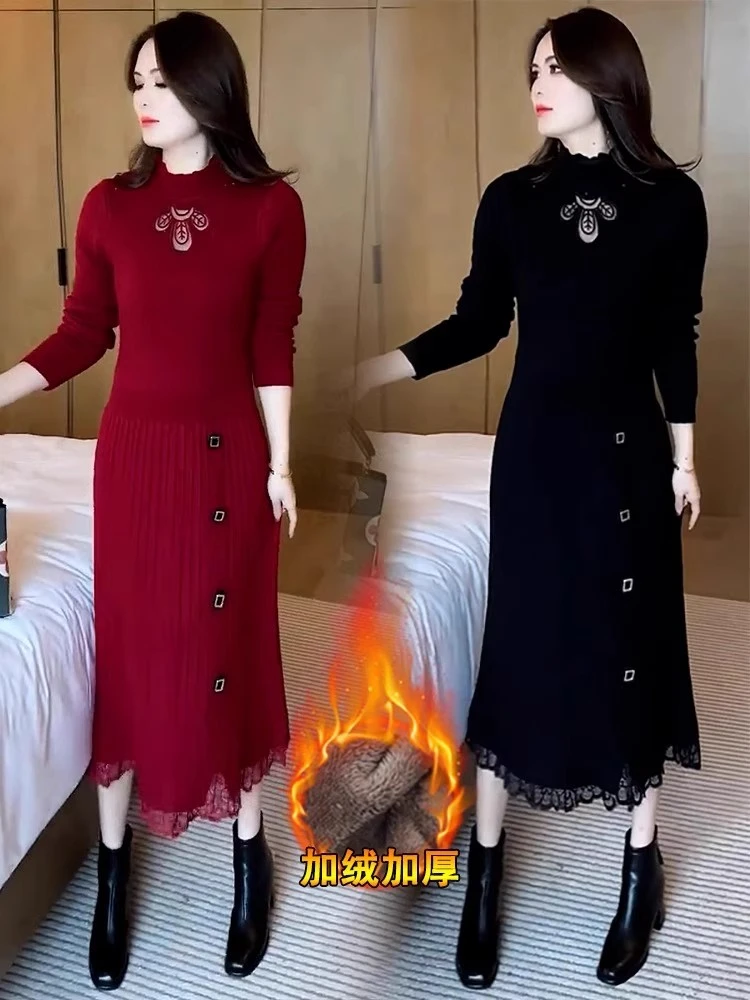 冬季内搭连衣裙长款高级感修身显瘦秋冬女加厚加绒蕾丝针织打底裙