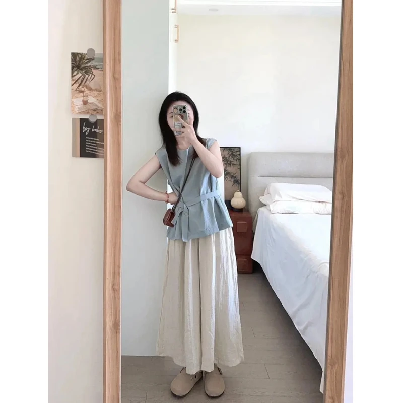 韩系慵懒风显瘦无袖上衣女2025夏季新款简约百搭高腰阔腿裤两件套