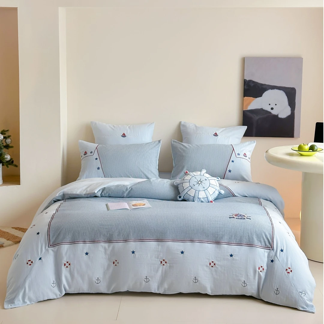 玖小希 A类色织双层纱青少年四件套纯棉 简约地中海风清爽三件套