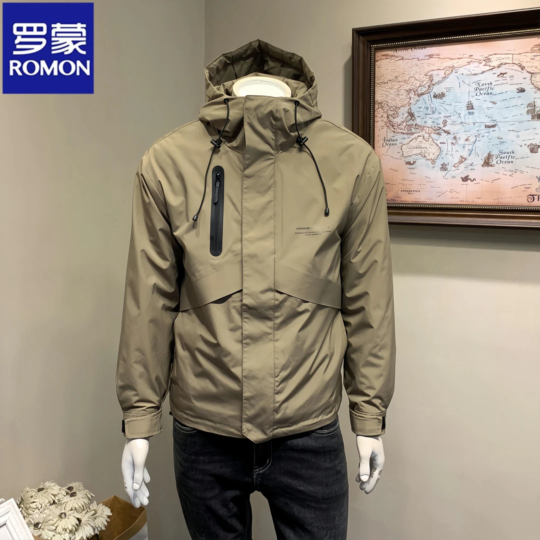 Romon/罗蒙秋冬新款男士连帽夹克美式休闲潮牌冲锋衣时尚简约外套