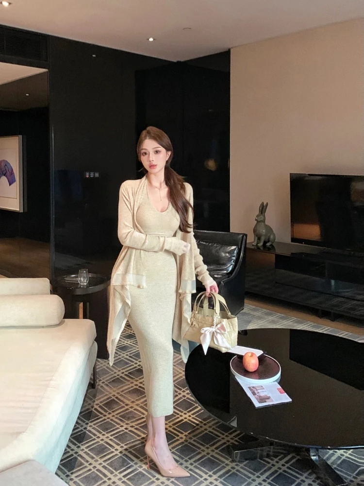 慵懒气质长袖针织外套开衫女秋季纯欲套装挂脖连衣裙鱼尾裙两件套