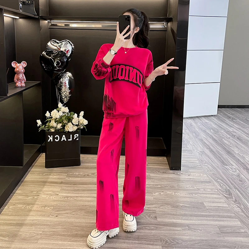 美式高街套装女2025春季潮牌炸街玫红色卫衣休闲运动阔腿裤两件套
